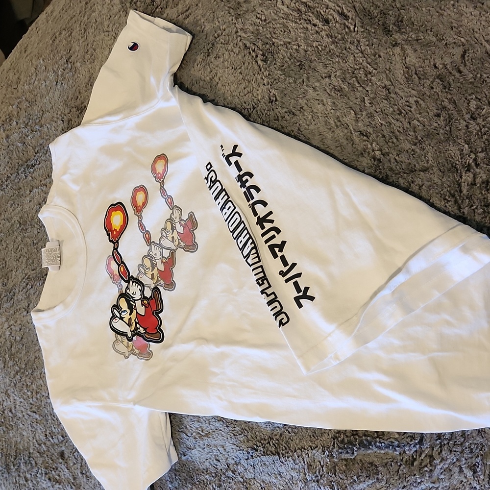 CHAMPION X SUPER MARIO BROS Heritage T-Shirt Tee Kanji Collab Fireball MEDIUM